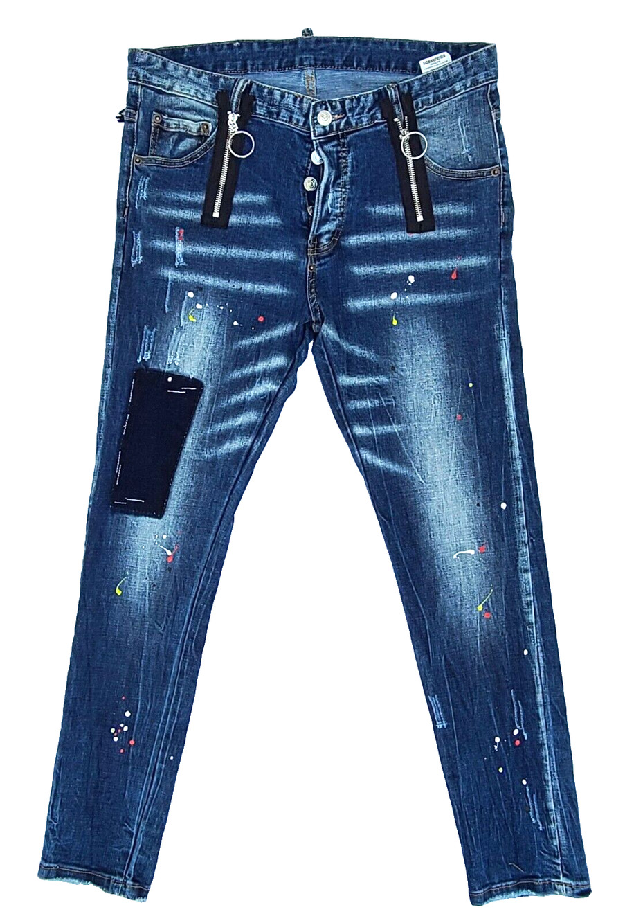 DSQUARED2 50 Our Best Fantasy Paint Spattered Distressed Button Blue Jeans US 34